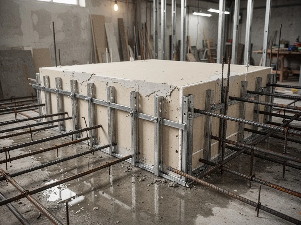 A moisture-resistant plasterboard formwork with metal studs and heavy-duty reinforcement bars on a damp concrete floor,