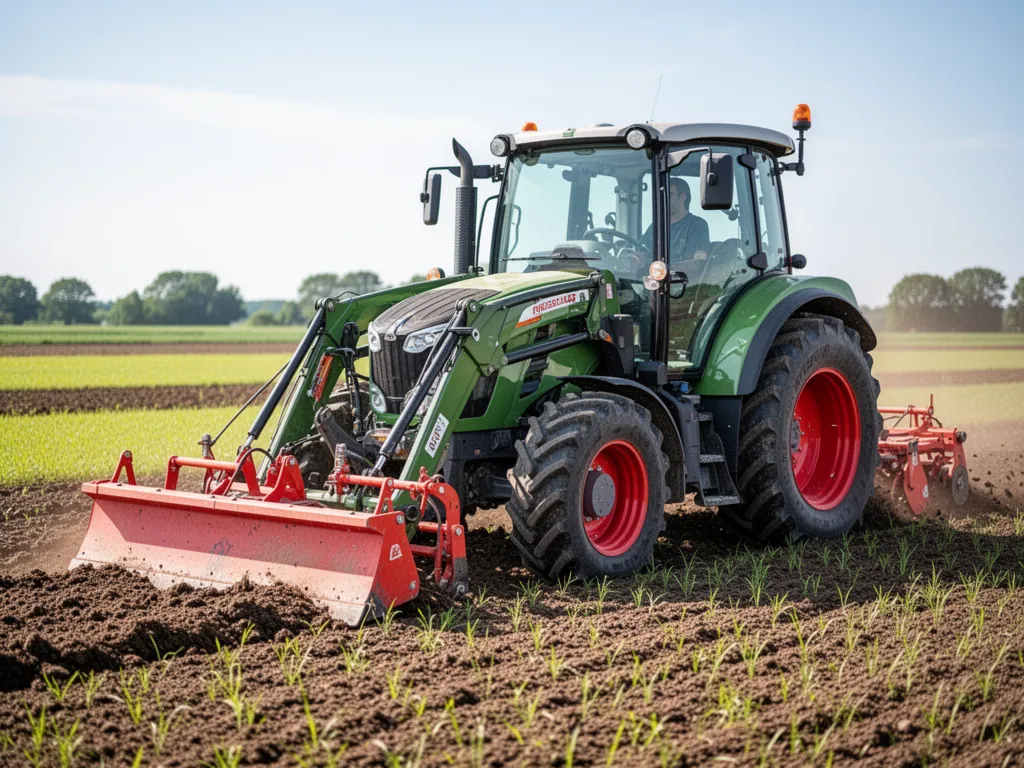 Mécanicien agricole vérifiant le filtre à carburant d'un tracteur rouge devant un hangar, outils et bidons visibles