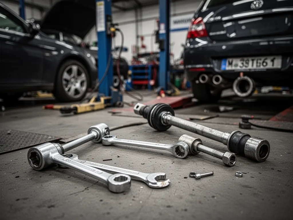 Un véhicule utilitaire diesel sur un pont d’atelier, avec outils de diagnostic et compartiment moteur ouvert, dans un garage
