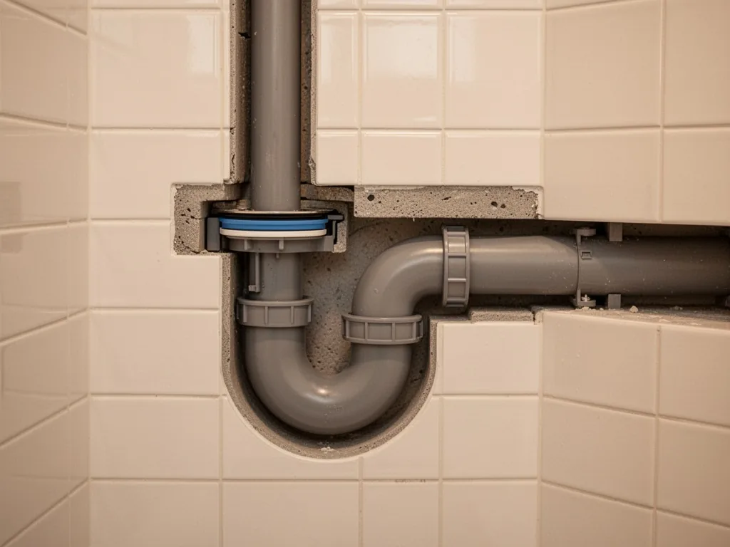 A cross-section view of a shower drain pipe with a P-trap and sealing gasket, white ceramic tiles background, clean and
